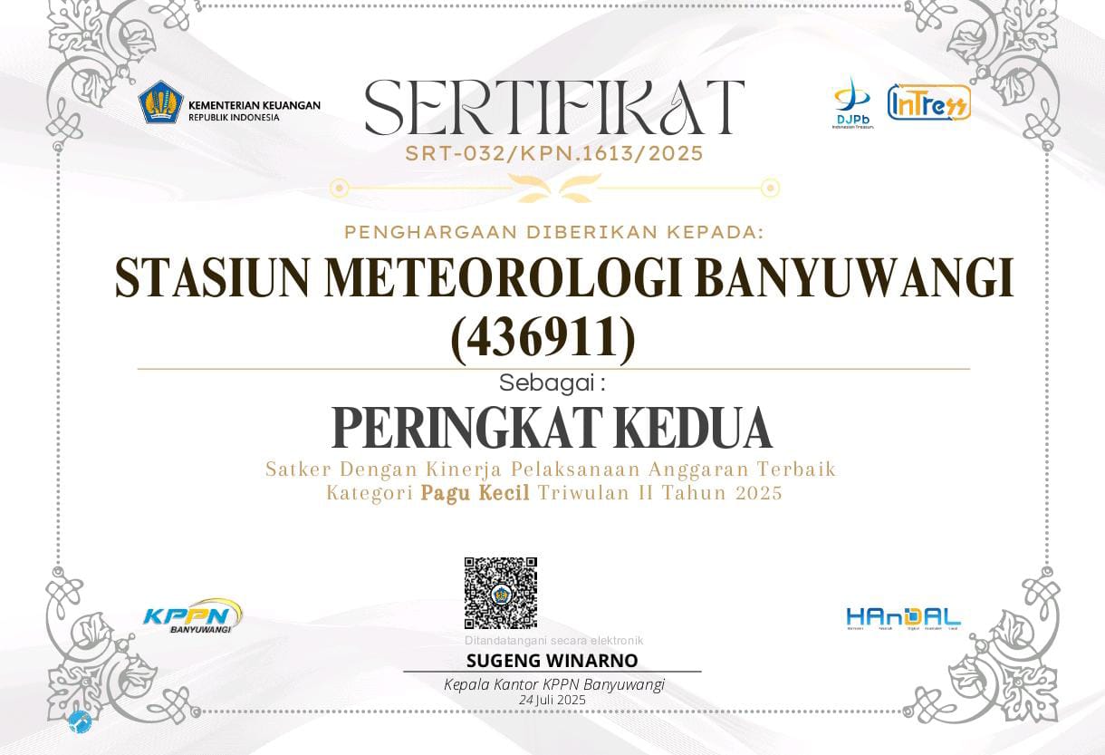 Stasiun Meteorologi Kelas III Banyuwangi Sukses Raih Peringkat Kedua Satker dengan Kinerja Pelaksanaan Anggaran Terbaik Kategori Pagu Kecil Triwulan II Tahun 2025
