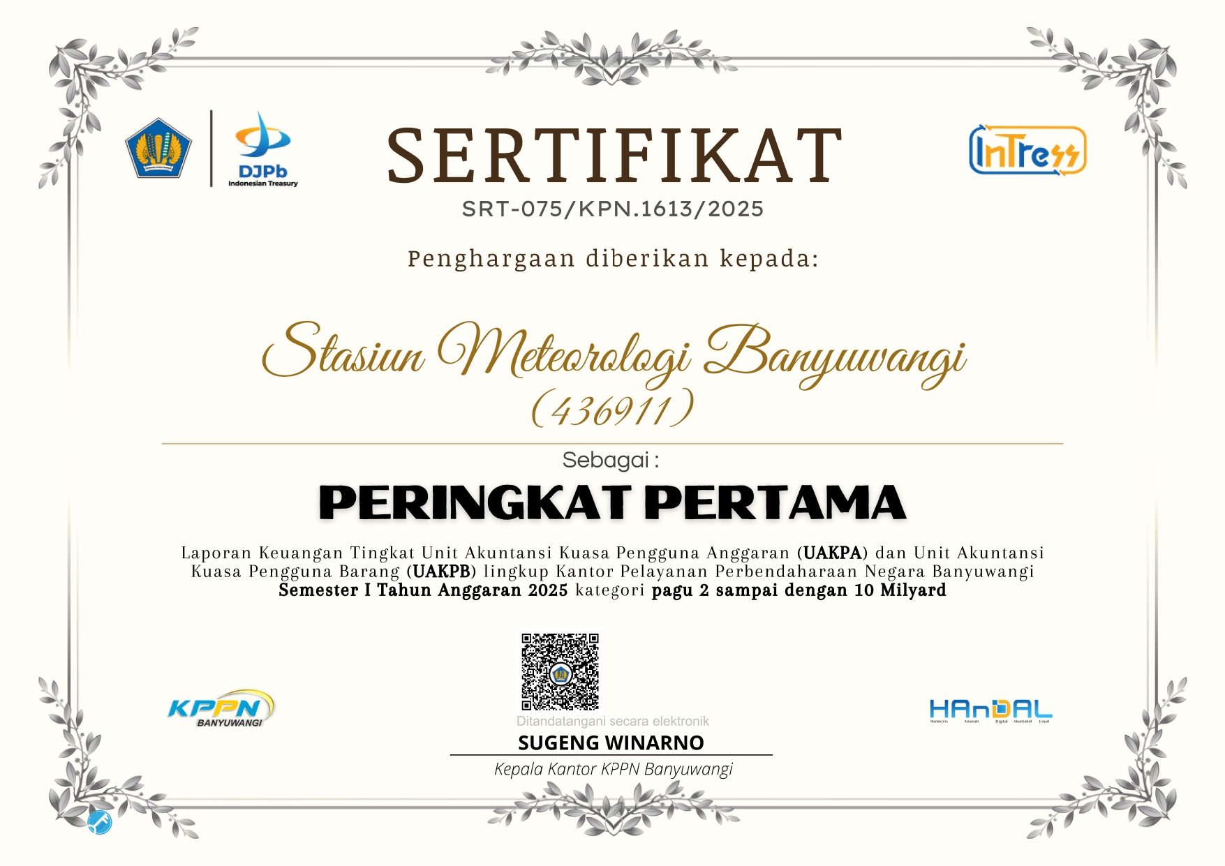 Stasiun Meteorologi Banyuwangi berhasil meraih Peringkat Pertama dalam Penilaian Laporan Keuangan UAKPA dan UAKPB di Lingkungan KPPN Banyuwangi Semester I TA 2025 pada kategori pagu 2 sampai dengan 10 Milyard